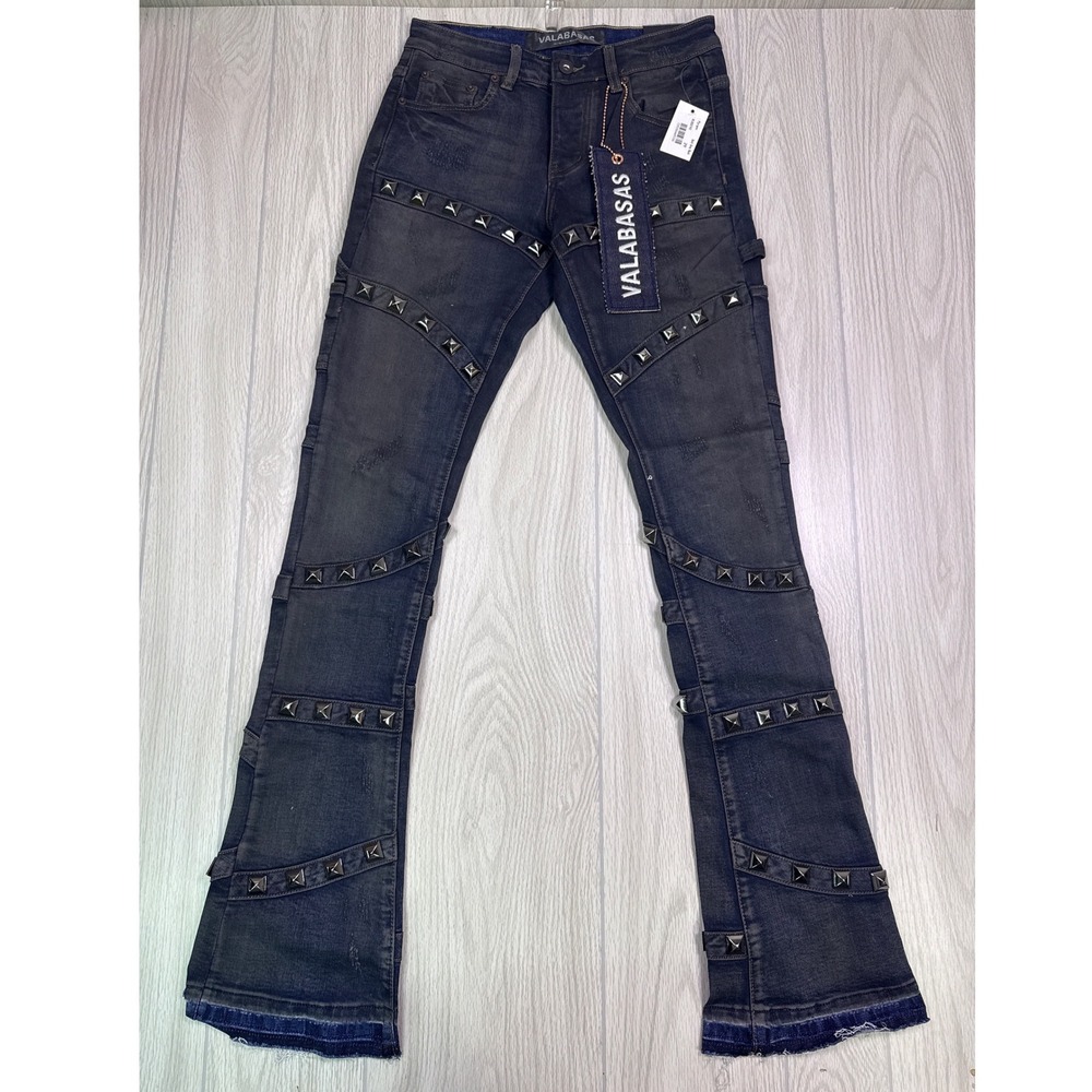 Valabasas Pyrgos Dark Grey Wash Studded Flared Jeans Size 29 New With Tags